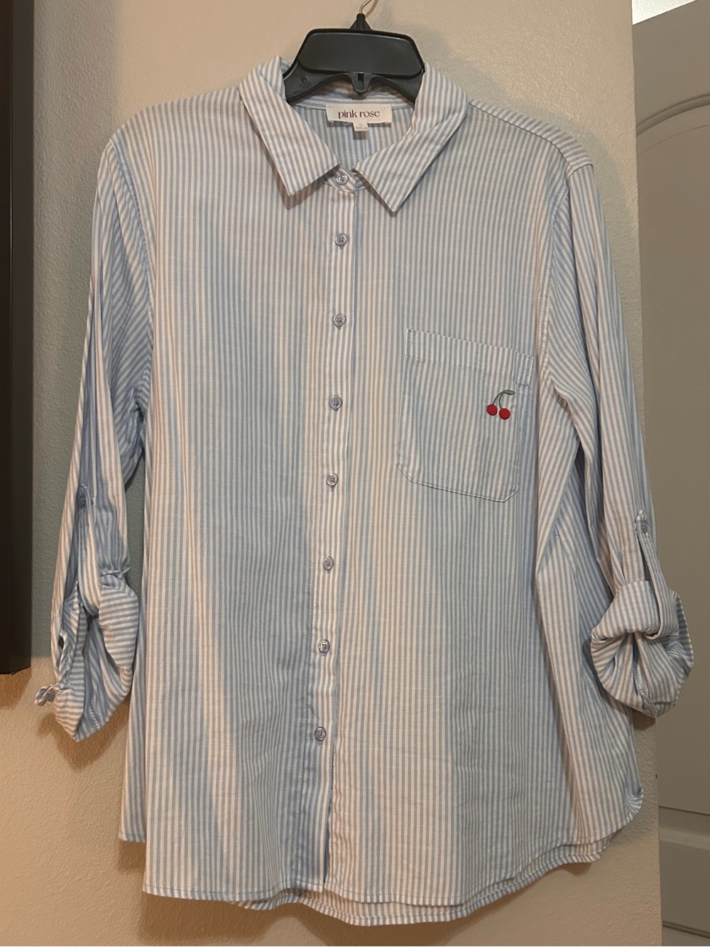 Pink Rose Blue and White Pinstripe Button-Down Shirt with Cherry Motif